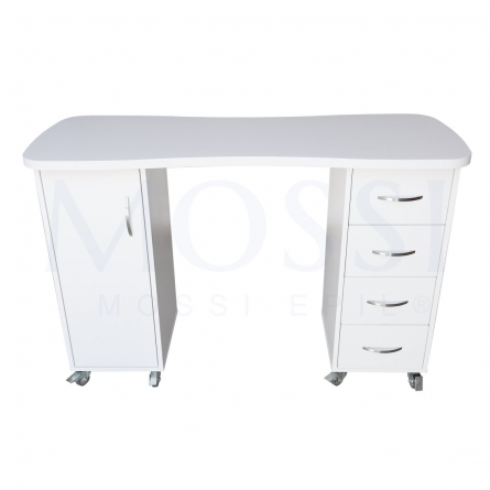 Mesa de manicure de madeira MDF, laminada em fórmica branca, com móveis duplos.