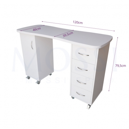 Mesa de manicure branca profissional, 8 rodas, 4 gavetas, spa ou salão de beleza